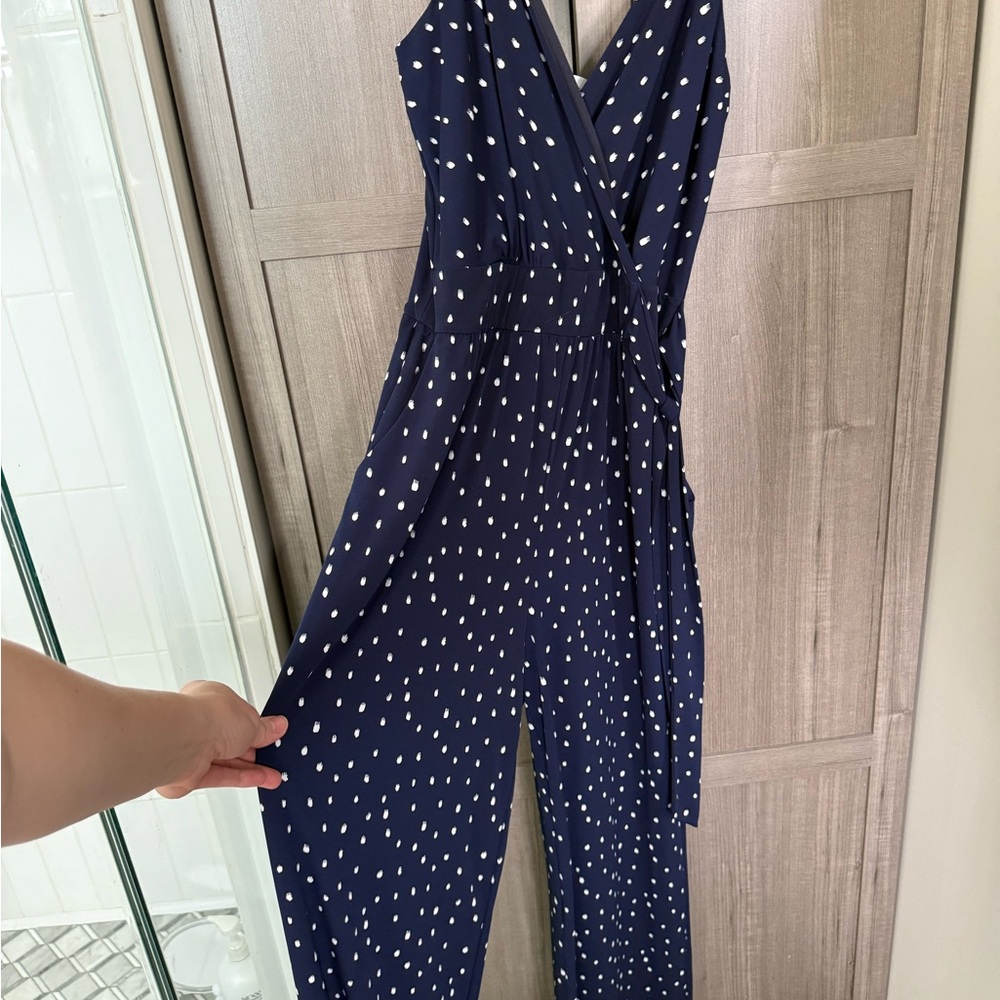 Kaileigh Navy and White Polka Dot Wrap Jumpsuit